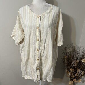 Vtg HUNT CLUB Women Striped Short Sleeve Button Down Tunic Linen Blend Sz 18W